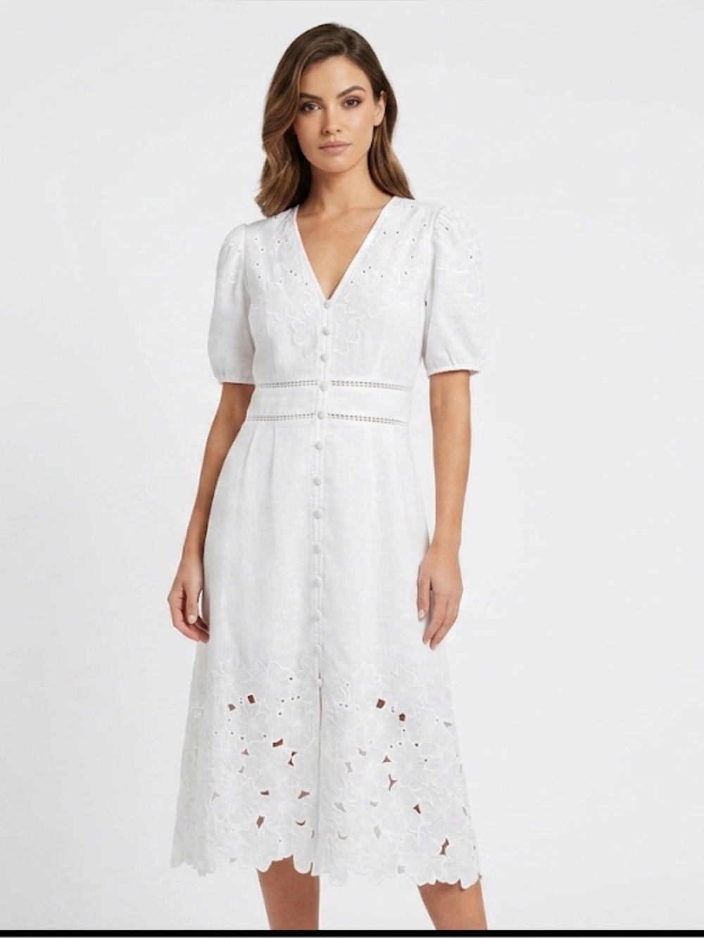 Elie Tahari Lorelei Embroidered Linen Dress - Sky White - Size 10